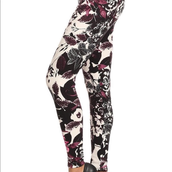 Regular & Plus Size Black and Pink Floral Leggings - Picture 2 of 6